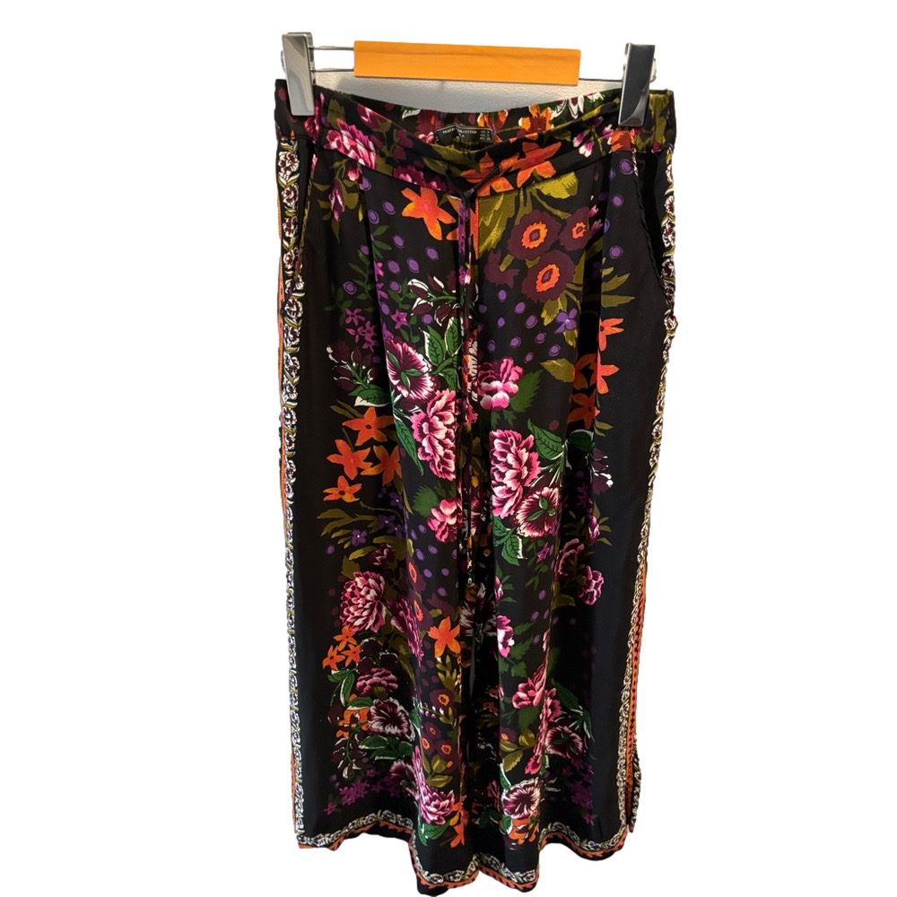 Zara Trafaluc Multicolor Floral Wide Leg Trousers S Drawstring Waist Pockets
